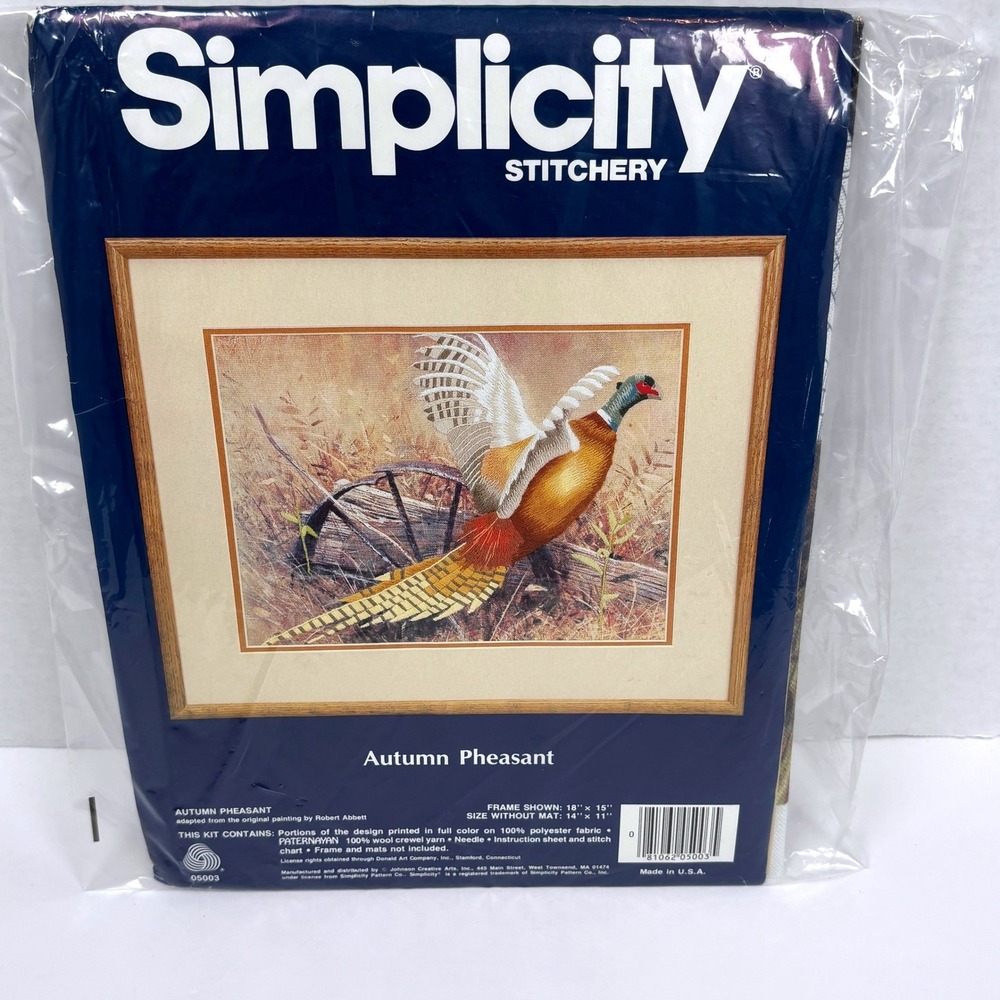 Vtg Simplicity Autumn Pheasant Crewel Embroidery Kit Artist Robert Abbet NEW